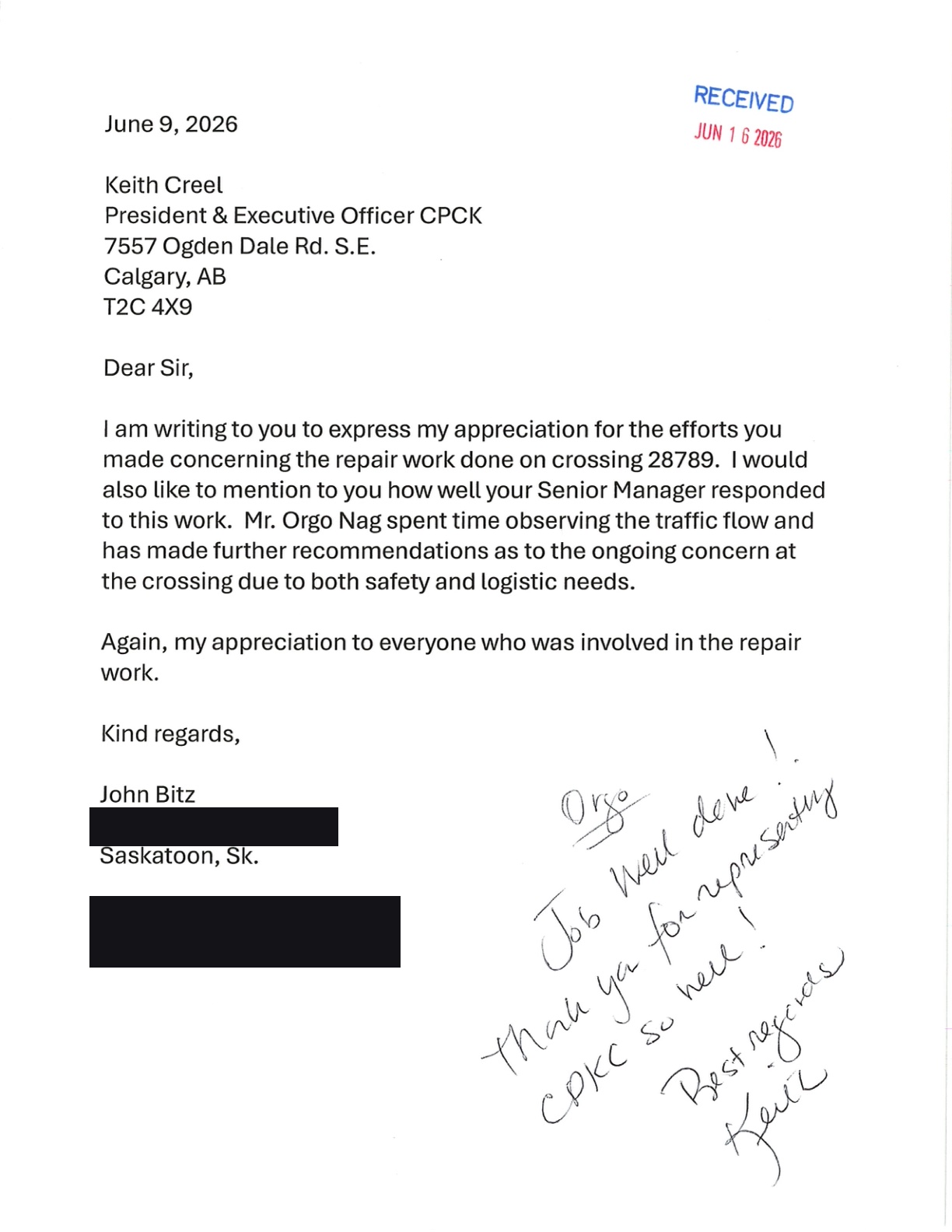 Scanned letter to Keith Creel about crossing 28789, with a handwritten note from Keith Creel reading: Orgo — job well done! Thank you for representing CPKC so well! Best regards, Keith